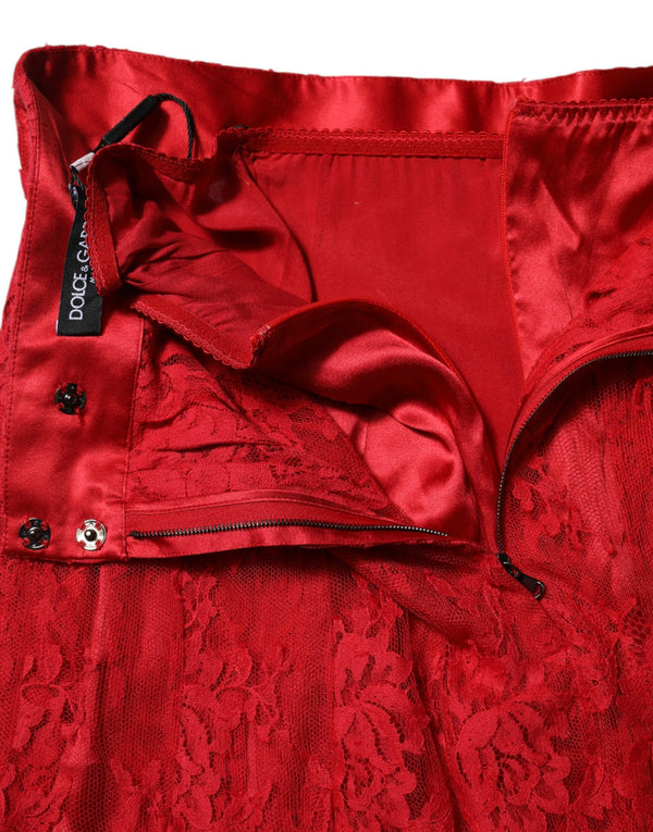 Dolce & Gabbana Red Cotton Floral Lace A-line Long Maxi Skirt