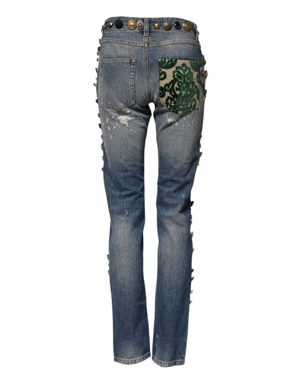 Dolce & Gabbana Blue Embellished Tattered SkinnyDenim Jeans