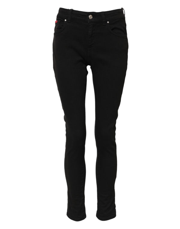 Dolce & Gabbana Black Cotton Logo Skinny Mid Waist Denim Jeans