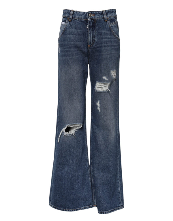 Dolce & Gabbana Blue Cotton Wide Leg Tattered Denim Jeans