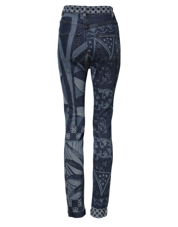Dolce & Gabbana Blue Graphic Print Cotton Skinny Denim Jeans