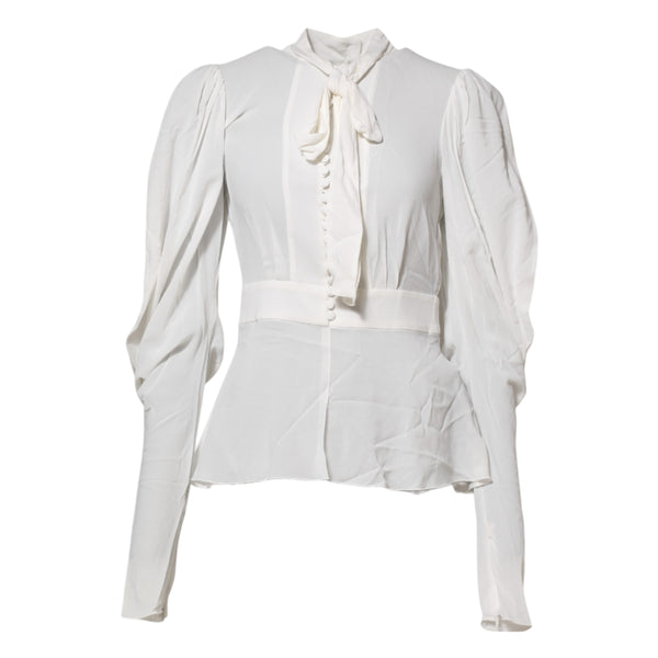 Dolce & Gabbana White Viscose Ascot Collar Long Sleeves Top