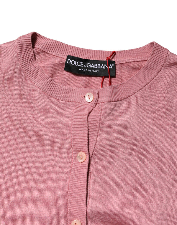 Dolce & Gabbana Pink Silk Cropped Crew Neck Cardigan Sweater