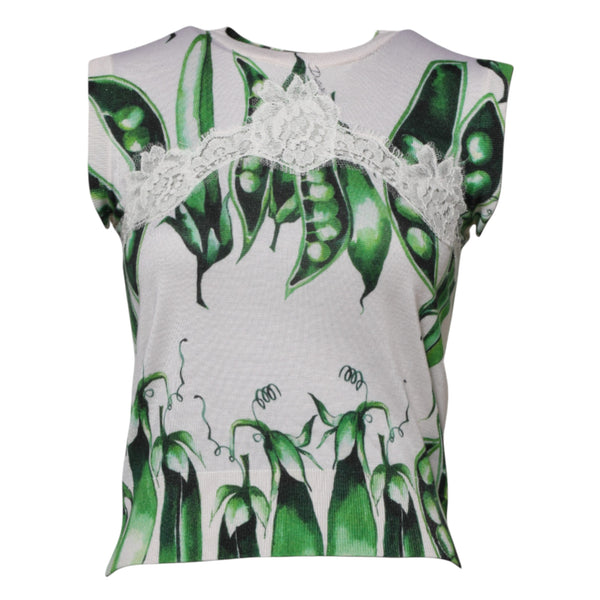 Dolce & Gabbana White Green Pea Print Sleeveless Blouse Top