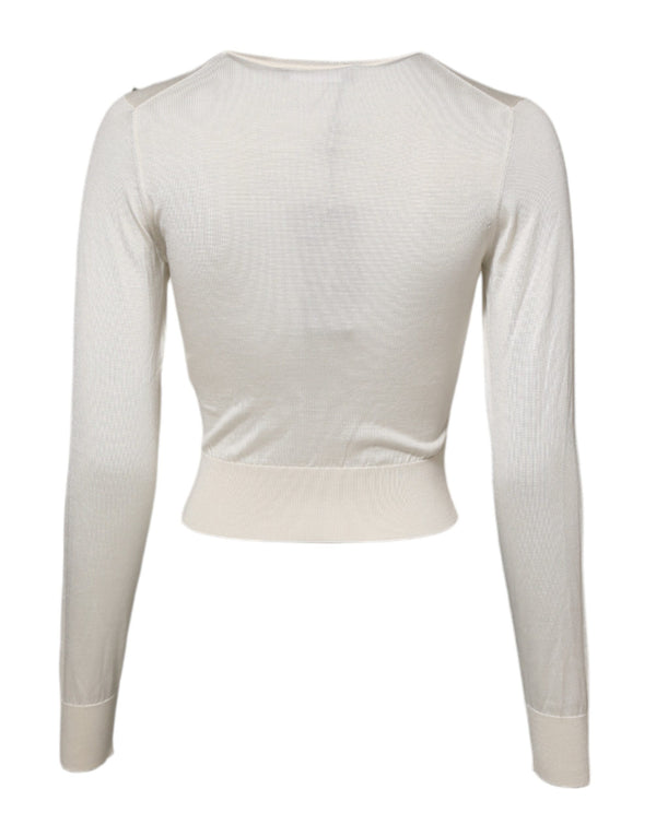 Dolce & Gabbana White Silk Lily Embellished Pullover Sweater