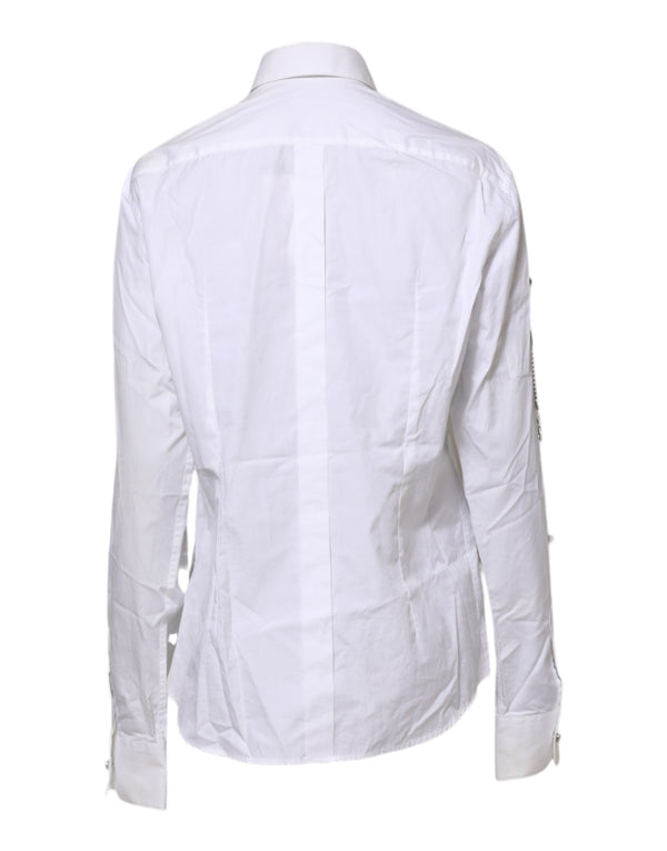 Dolce & Gabbana White Crystal Embellished Collared Shirt Top