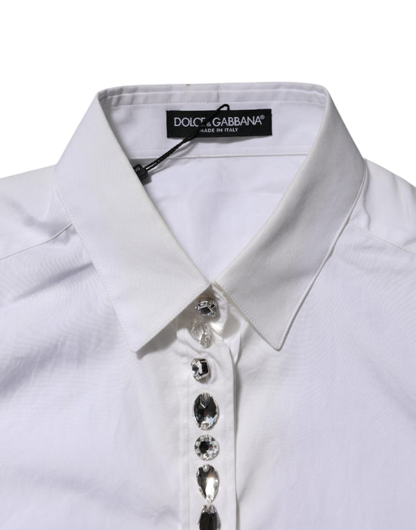 Dolce & Gabbana White Crystal Embellished Collared Shirt Top