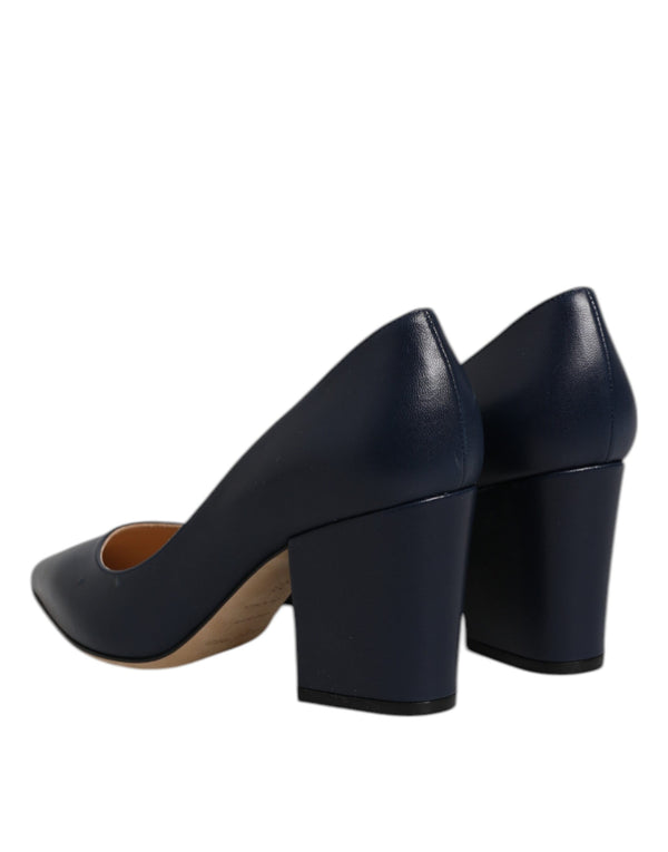Sergio Rossi Blue Leather Pointed Toe Block Heels Shoes