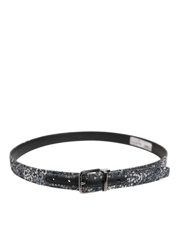 Dolce & Gabbana Black Sequins Silver Metal Logo Buckle Belt