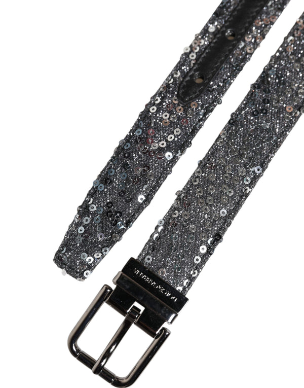Dolce & Gabbana Black Sequins Silver Metal Logo Buckle Belt