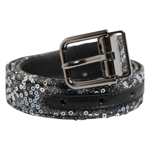 Dolce & Gabbana Black Sequins Silver Metal Logo Buckle Belt