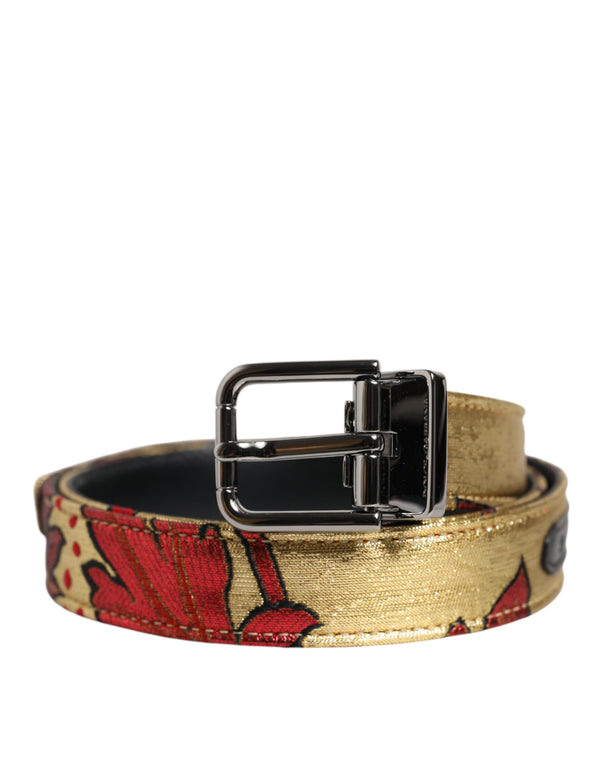 Dolce & Gabbana Gold Floral Jacquard Silver Metal Buckle Belt