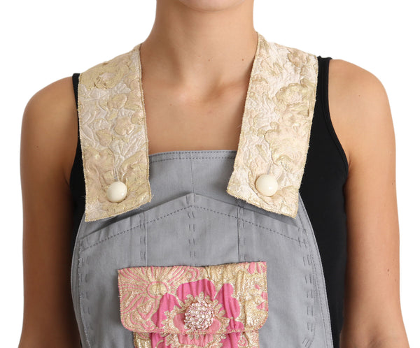 Dolce &amp; Gabbana Grey Overall Farkut Harmaa Denim Crystal Hortensia