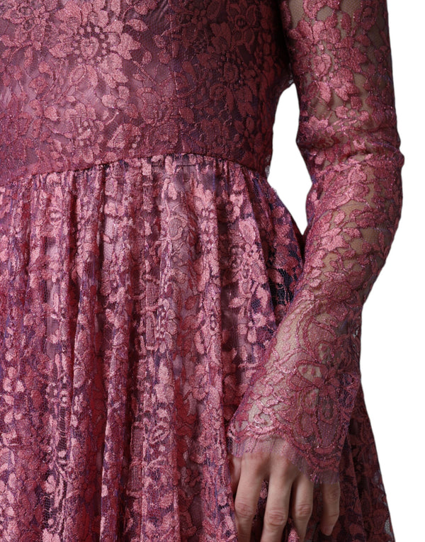 Dolce & Gabbana Pink Floral Lace Long Sleeve Midi Dress