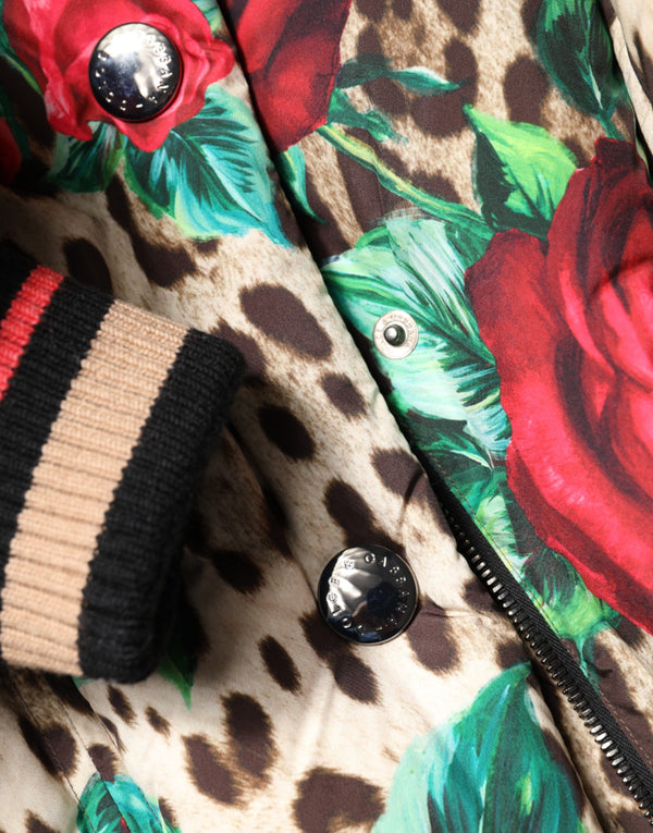 Dolce & Gabbana Multicolor Leopard Rose Puffer Quilted Jacket