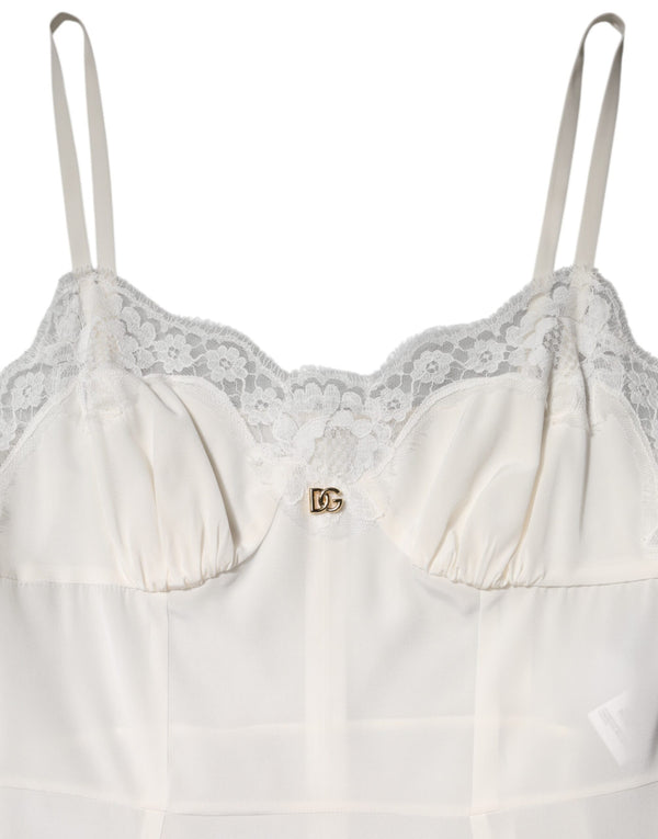 Dolce & Gabbana White Lace DG Logo Silk Dress Sleepwear