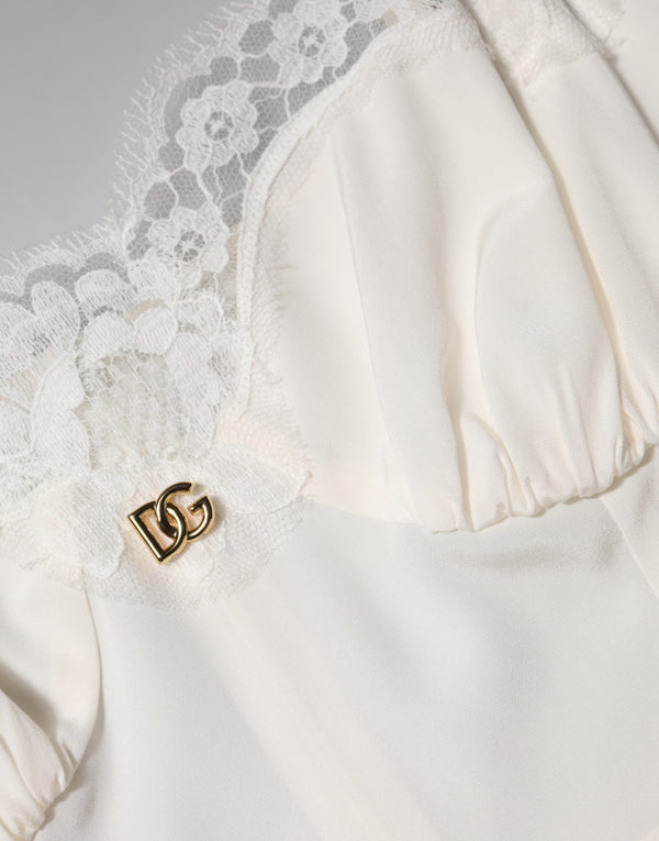 Dolce & Gabbana White Lace DG Logo Silk Dress Sleepwear
