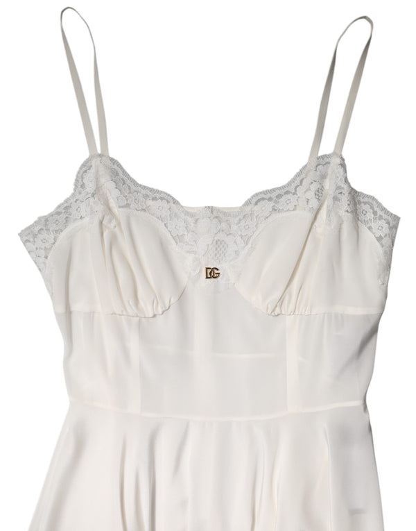Dolce & Gabbana White Lace Gold DG Logo Silk Dress Sleepwear