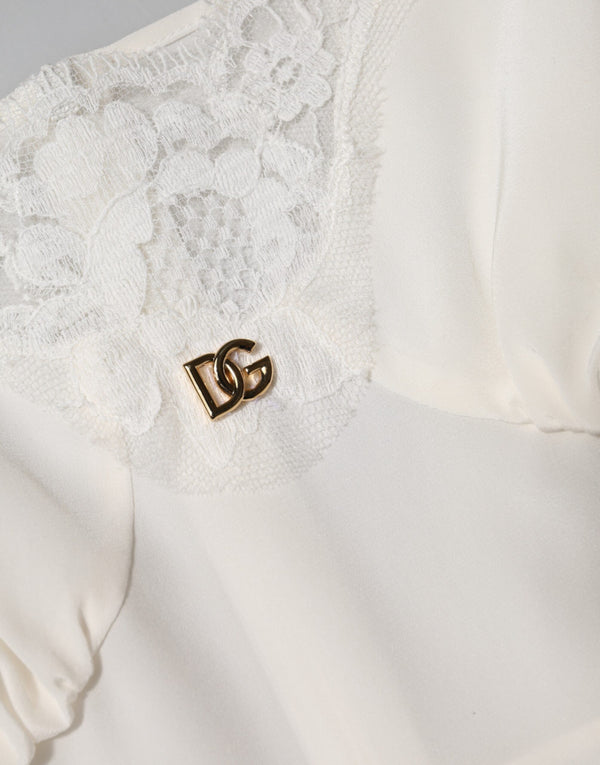 Dolce & Gabbana White Lace Gold DG Logo Silk Dress Sleepwear