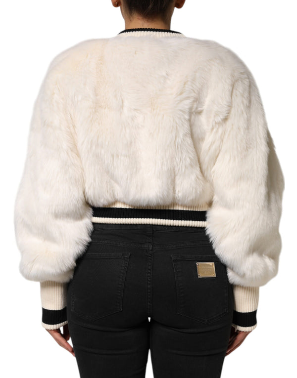 Dolce & Gabbana White Cropped Faux Fur DG Sweatshirt Sweater