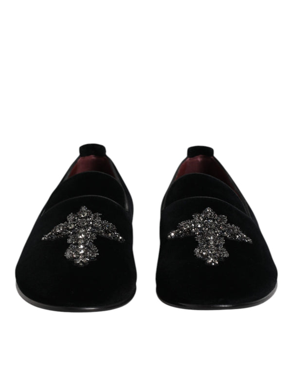 Dolce & Gabbana Black Velvet Embellished Loafer Slip On Shoes