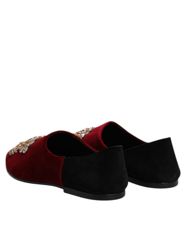 Dolce & Gabbana Black Red Velvet Embellished Slip On Shoes
