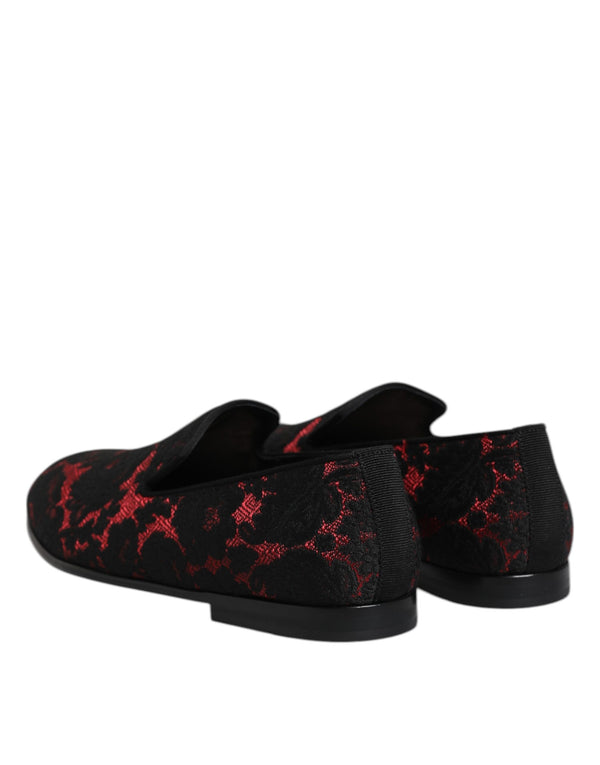 Dolce & Gabbana Red Black Jacquard Slip On Men Loafers Shoes