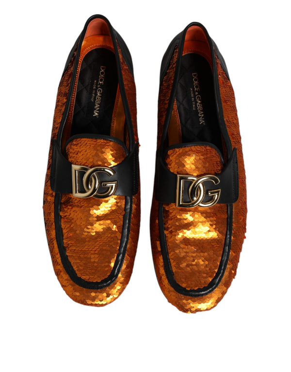 Dolce & Gabbana Orange Sequin Embellished Men Loafers Shoes