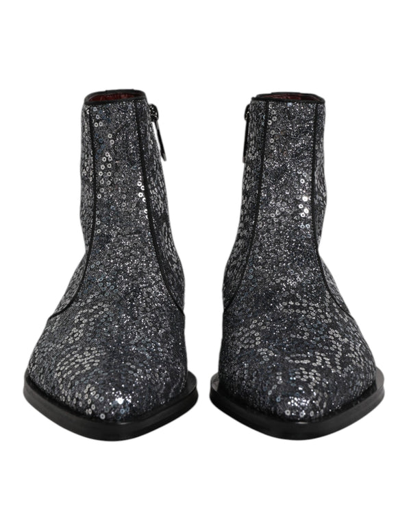 Dolce & Gabbana Dark Gray Cotton Sequined Chelsea Boots Shoes