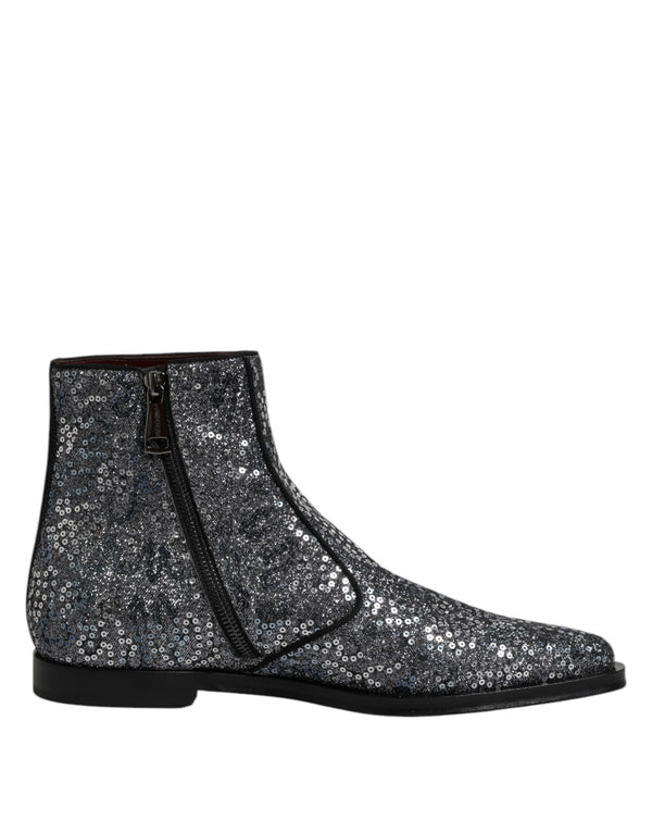 Dolce & Gabbana Dark Gray Cotton Sequined Chelsea Boots Shoes