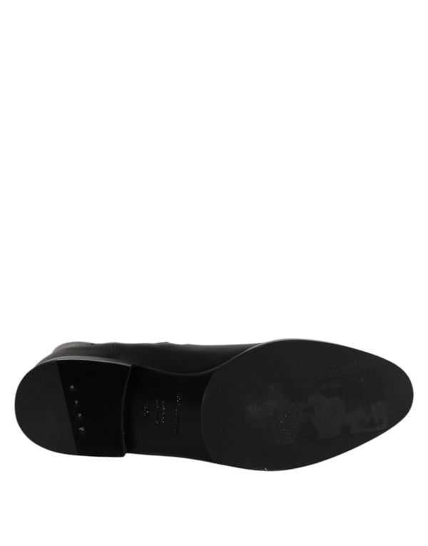 Dolce & Gabbana Black Leather Flats Logo Short Boots Shoes