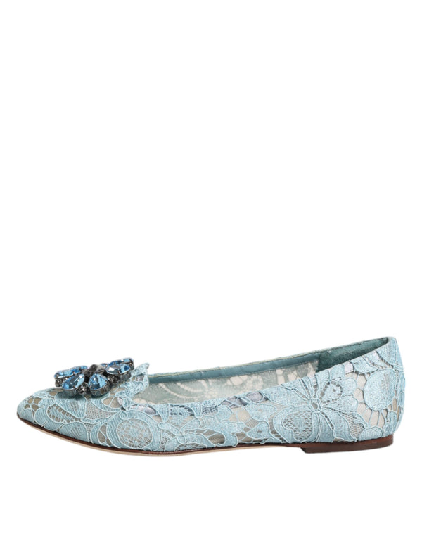 Dolce & Gabbana Blue Lace Crystal Ballet Flats Loafers Shoes
