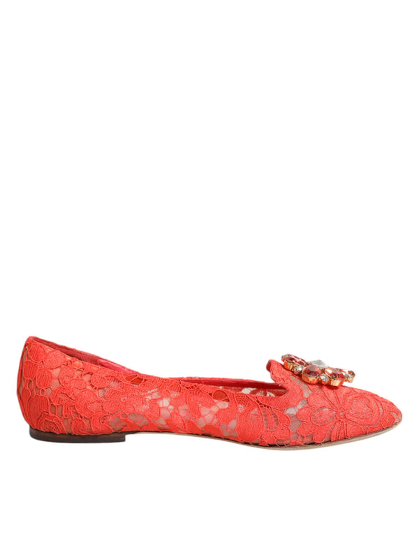 Dolce & Gabbana Orange Lace Crystal Ballet Flats Loafers Shoes