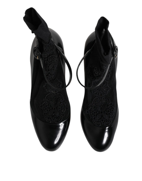Dolce & Gabbana Black Leather Lace Socks Heels Pumps Shoes