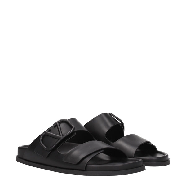 Valentino Garavani Black Leather Slippers Sandals