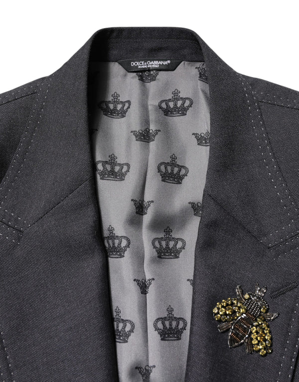 Dolce & Gabbana Dark Gray Bee Embroidery SICILIA Coat Blazer
