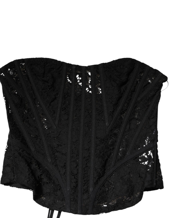 Dolce & Gabbana Black Strapless Floral Lace Bustier Cropped Top