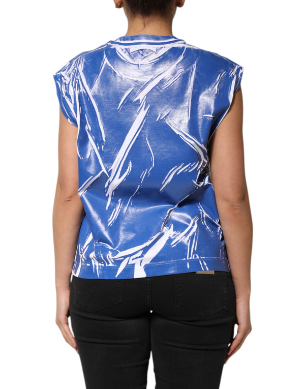 Dolce & Gabbana Blue White Cotton Logo Plaque Women Tank Top