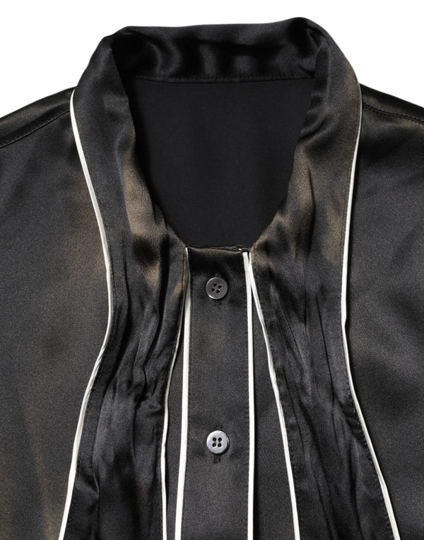 Dolce & Gabbana Black Silk Ascot Collared Button Blouse Top