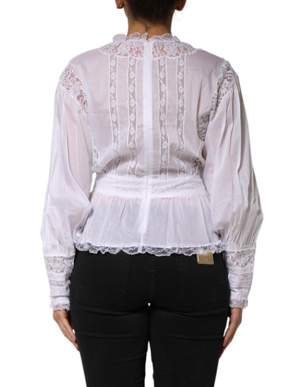 Dolce & Gabbana White Cotton Floral Lace Long Sleeves Top