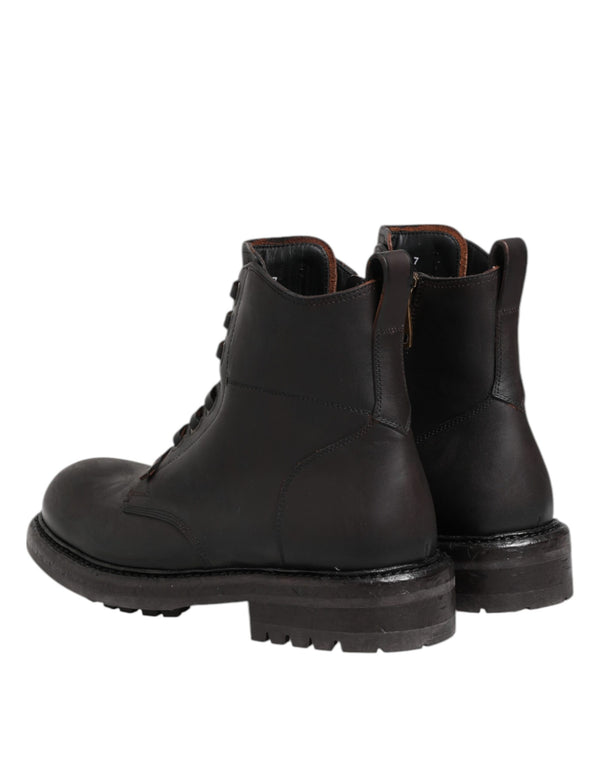 Dolce & Gabbana Dark Brown Leather Lace Up Mid Calf Boots Shoes