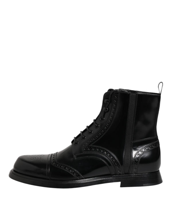 Dolce & Gabbana Black Leather Lace Up Mid Calf Boots Shoes