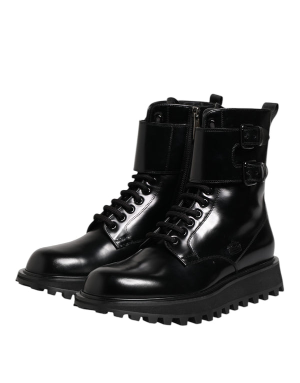 Dolce & Gabbana Black Leather Lace Up Mid Calf Boots Shoes