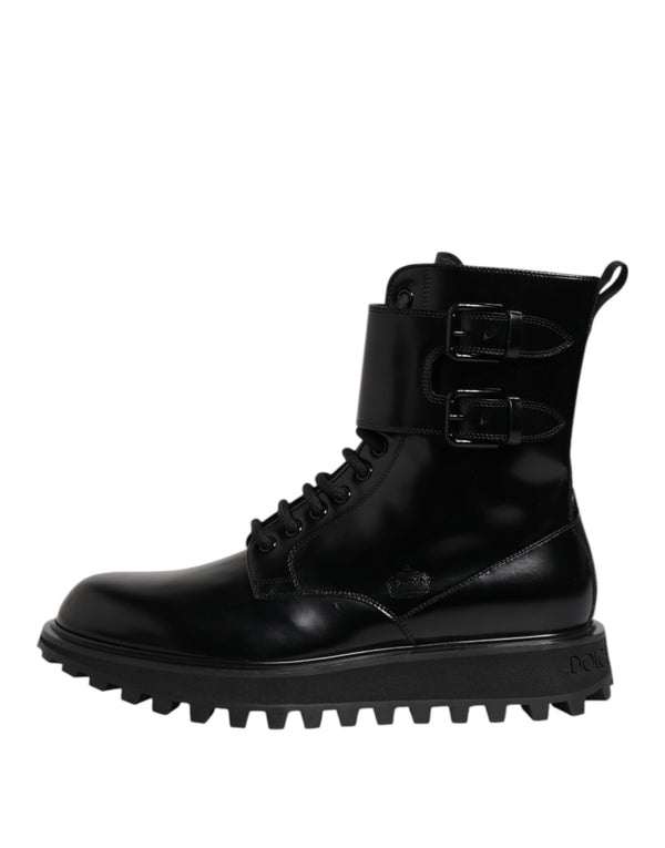 Dolce & Gabbana Black Leather Lace Up Mid Calf Boots Shoes
