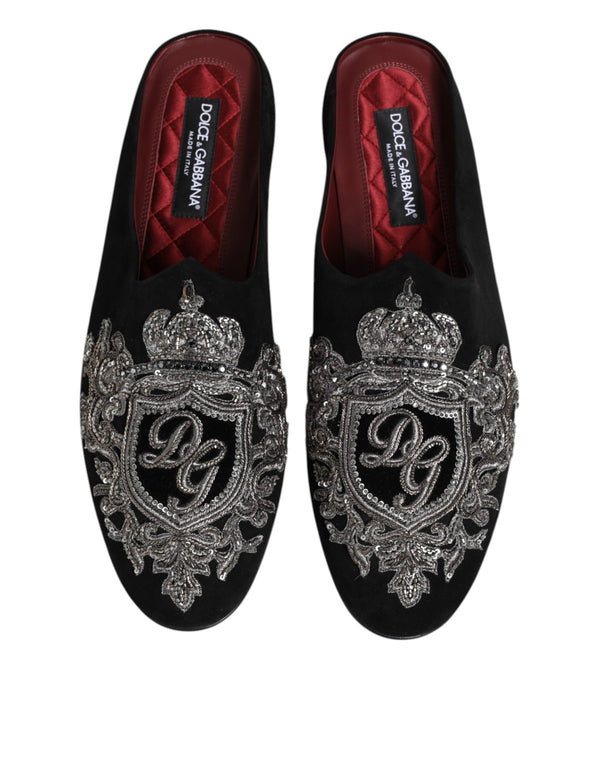 Dolce & Gabbana Black Velvet Slides DG Crown Slipper Shoes