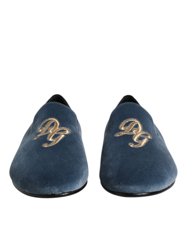 Dolce & Gabbana Blue Velvet DG Logo Loafers Formal Shoes