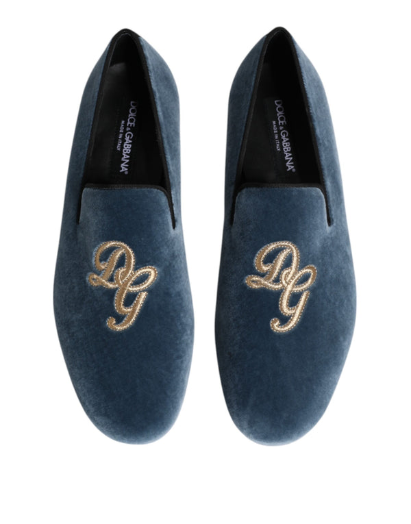 Dolce & Gabbana Blue Velvet DG Logo Loafers Formal Shoes