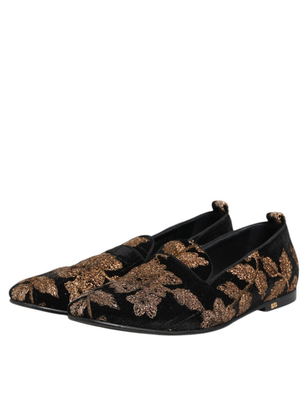 Dolce & Gabbana Black Floral Embroidery Men Loafers Shoes