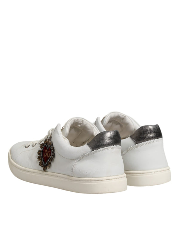 Dolce & Gabbana White Silver Sacred Heart Men Sneakers Shoes