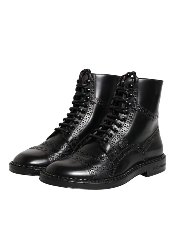 Dolce & Gabbana Black Leather Lace Up Mid Calf Boots Shoes